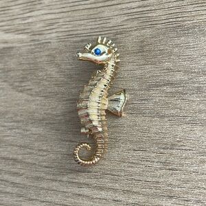 Vintage 60s Gold Blue Seahorse Brooch